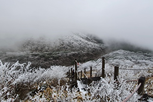 Winter landscape of the mountain pass