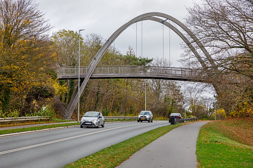 Frederikssund, Zealand, Denmark, November 19, 2020. Pedestrian and cycling-bridge over a road