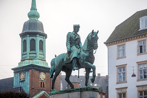 The Hague, Netherlands, Feb 7, 2023 An equestrian statue of King Willem-Alexander in front of the    Noordeinde royal Palace in downtown.