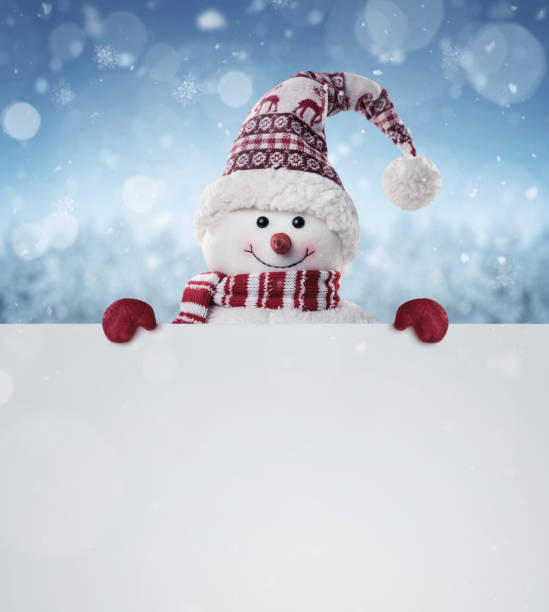 Happy snowman in the winter scenery behind the blank advertising banner Happy snowman in the winter scenery behind the blank advertising banner with copy space christmas card photos stock pictures, royalty-free photos & images