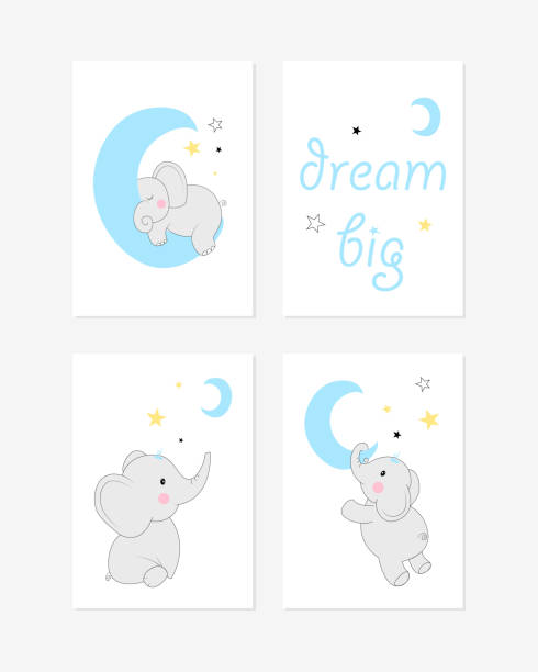 Cute posters with little elephant vector prints for baby room, baby shower, greeting card, kids and baby t-shirts, and wear. Hand drawn nursery Cute posters with little elephant vector prints for baby room, baby shower, greeting card, kids and baby t-shirts, and wear. Hand drawn nursery dag stock illustrations
