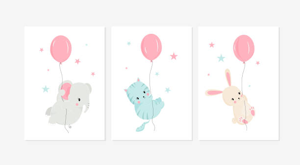 Cute posters with little rabbit, elephant, and cat vector prints for baby room, baby shower, greeting card, kids and baby t-shirts, and wear. Hand drawn nursery Cute posters with little rabbit, elephant, and cat vector prints for baby room, baby shower, greeting card, kids and baby t-shirts, and wear. Hand drawn nursery elephant art stock illustrations