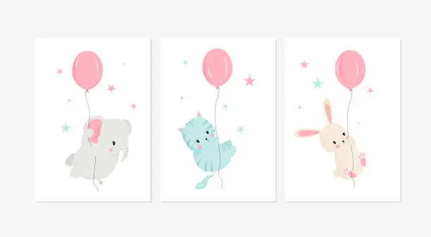 Vector illustration of Cute posters with little rabbit, elephant, and cat vector prints for baby room, baby shower, greeting card, kids and baby t-shirts, and wear. Hand drawn nursery