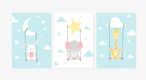 Vector illustration of Cute posters with little rabbit, elephant, and giraffe vector prints for baby room, baby shower, greeting card, kids and baby t-shirts, and wear. Hand drawn nursery