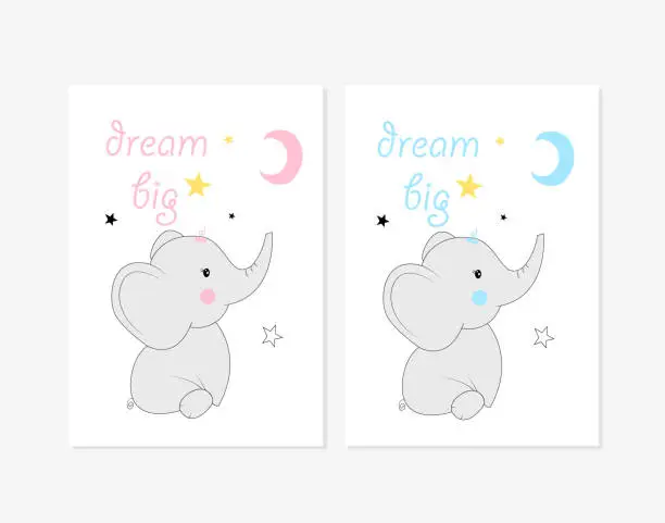 Vector illustration of Cute posters with little elephants vector prints for baby room, baby shower, greeting card, kids and baby t-shirts, and wear. Hand drawn nursery