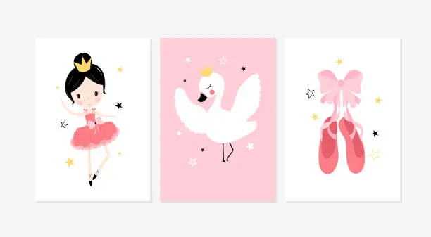 Vector illustration of Cute posters with little ballet girl, swan and shoes vector prints for baby room, baby shower, greeting card, kids and baby t-shirts, and wear. Hand drawn nursery