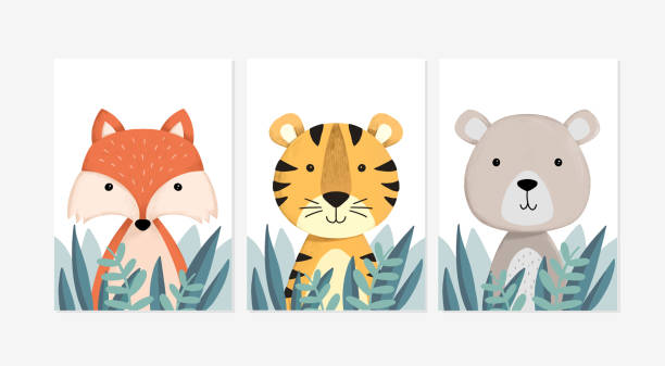 Cute posters with a little fox, tiger, and bear vector prints for baby room, baby shower, greeting card, kids and baby t-shirts, and wear. Hand drawn nursery Cute posters with a little fox, tiger, and bear vector prints for baby room, baby shower, greeting card, kids and baby t-shirts, and wear. Hand drawn nursery dag stock illustrations