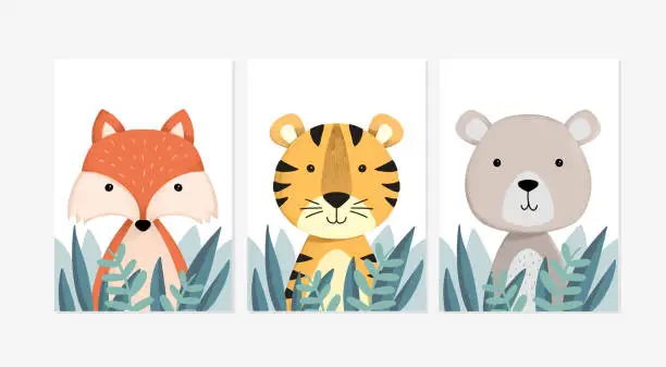 Vector illustration of Cute posters with a little fox, tiger, and bear vector prints for baby room, baby shower, greeting card, kids and baby t-shirts, and wear. Hand drawn nursery