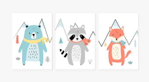 Cute posters with the little fox, raccoon, and bear vector prints for baby room, baby shower, greeting card, kids and baby t-shirts, and wear. Hand drawn nursery Cute posters with the little fox, raccoon, and bear vector prints for baby room, baby shower, greeting card, kids and baby t-shirts, and wear. Hand drawn nursery dag stock illustrations