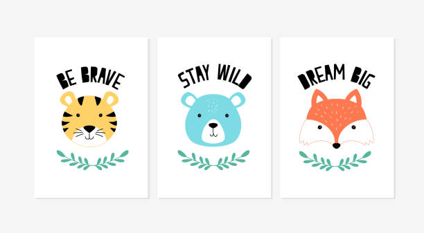 ilustrações de stock, clip art, desenhos animados e ícones de cute posters with the little fox, tiger, and bear vector prints for baby room, baby shower, greeting card, kids and baby t-shirts, and wear. hand drawn nursery - 2333