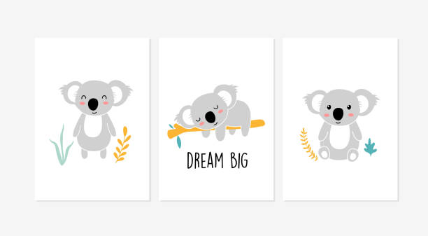 Cute posters with little koala vector prints for baby room, baby shower, greeting card, kids and baby t-shirts and wear. Hand drawn nursery Cute posters with little koala vector prints for baby room, baby shower, greeting card, kids and baby t-shirts and wear. Hand drawn nursery dag stock illustrations