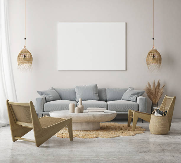 istock mock up poster frame in modern interior background, scandinavian style, 3D render 1288393146