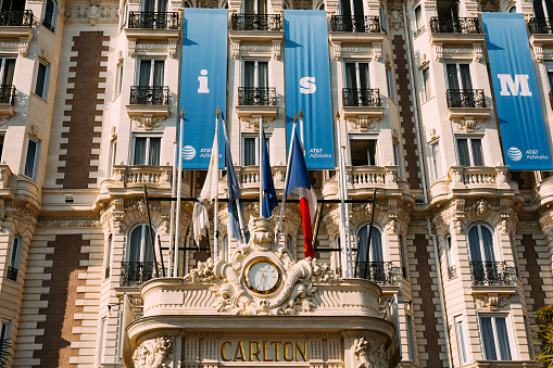 Cannes, France - June 28, 2015: Entrance to the InterContinental Carlton Cannes hotel.