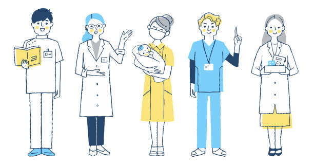 Full-body image of medical staff Medical, person, worker, set,male,femare healthcare and medicine business hospital variation stock illustrations