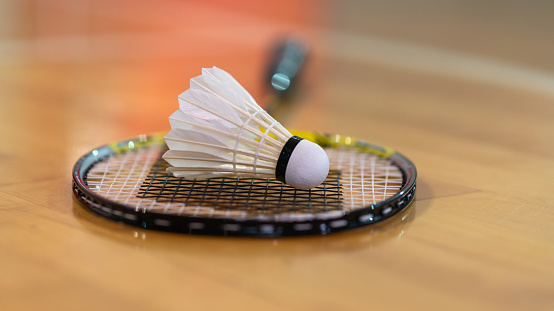 Shuttlecock on badminton racket.