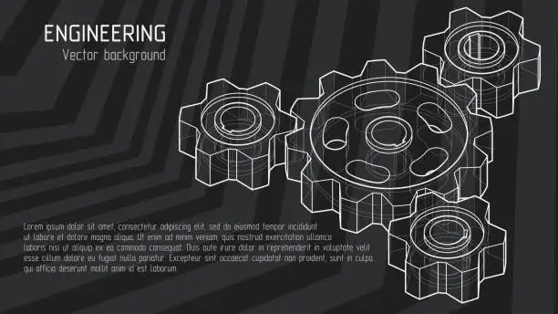 Vector illustration of Isometric 3d drawing of gears vector background. 16:9 Aspect Ratio.