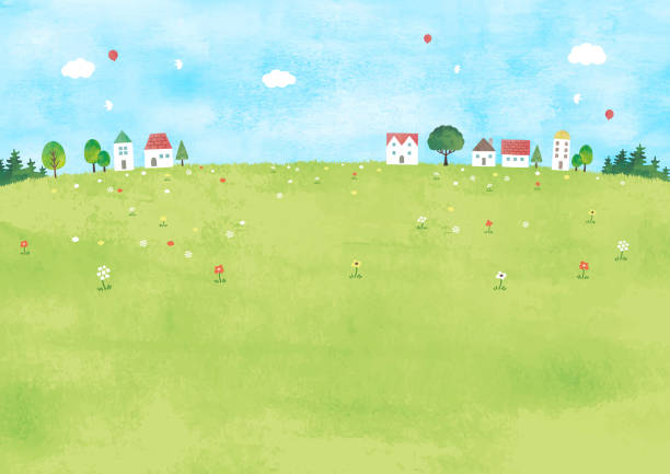 ilustrações de stock, clip art, desenhos animados e ícones de meadow and houses watercolor - green slopes