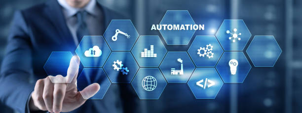 istock Automation Technology Process. Businessman is pressing on the virtual screen. 1288398067
