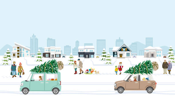 冬の郊外の町並みで人々, モミの木をロードランニング車 - motor vehicle outdoors crowd landscape点のイラスト素材／クリップアート素材／マンガ素材／アイコン素材