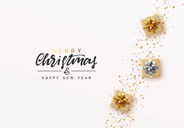 istock Merry Christmas and Happy New Year. Realistic brown and white gift boxes, Shiny golden confetti. Festive background Greeting card, banner, poster. Xmas present. flat lay, top view. Vector illustration 1288400533
