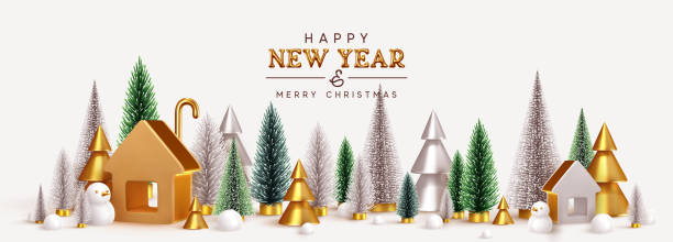 明けましておめでとう！クリスマスツリーは緑と銀と3d黄金の円錐形、冬の構成が緑豊かです。ゴールドハウス。新年ゴールドメタルボリュームタイトルテキスト。クリスマスホリデーギフ� - christmas gold green backgrounds点のイラスト素材／クリップアート素材／マンガ素材／アイコン素材