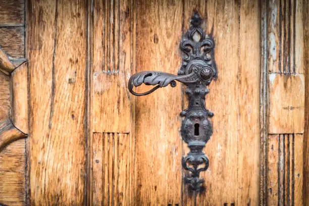 Vintage and ornate, iron leaf shaped doorhandle with defocused iron ornaments and wooden door background, Szczecin, Poland