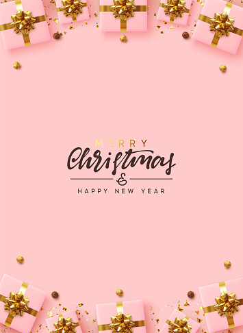 Background Merry Christmas and Happy New Year. Realistic pink gift boxes, glitter gold confetti, Chocolate round candy in foil, Xmas present. flat lay, top view. Vector illustration