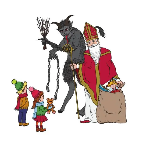 Vector illustration of Saint Nicholas and Krampus