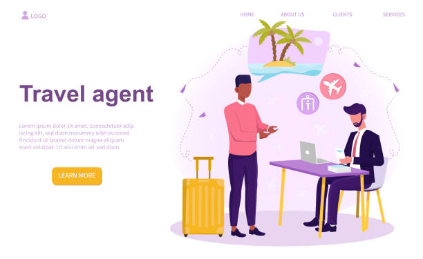 Caucasian travel agent Caucasian travel agent. Male office worker selling tour, cruise, airway or railway tickets. Vacation organization agency, hotel booking. Website, web page, landing page template. Vector illustration travel agencies stock illustrations