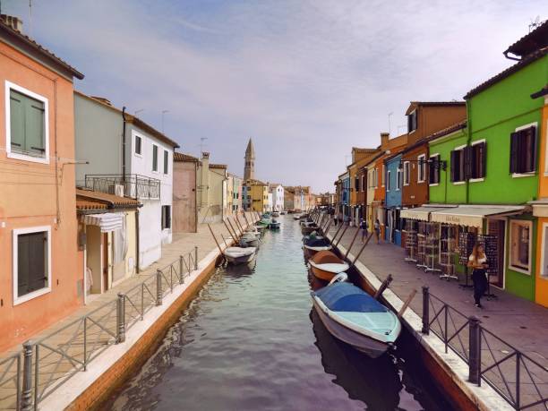Still of Burano canal and multi-coloured buildings during Covid-19