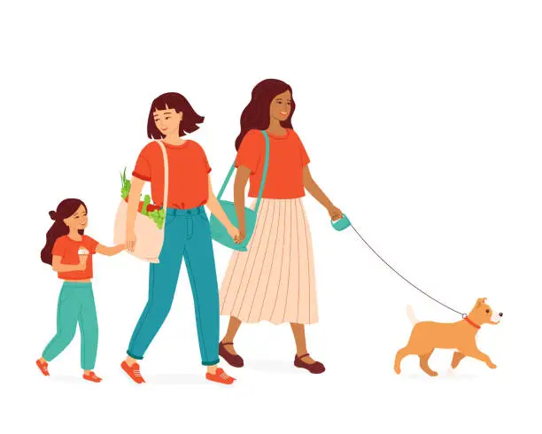 Vector illustration of Homosexual female parents with a child and a dog walk holding hands. Happy multiracial gay  family with a daughter spends time together. Transgender, genderqueer couple. Vector illustration