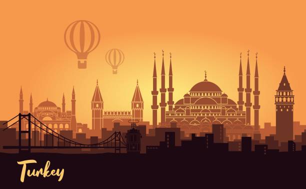 krajobraz tureckiego miasta stambuł. abstrakcyjny pejzaż miejski z głównymi atrakcjami o zachodzie słońca - blue mosque illustrations stock illustrations