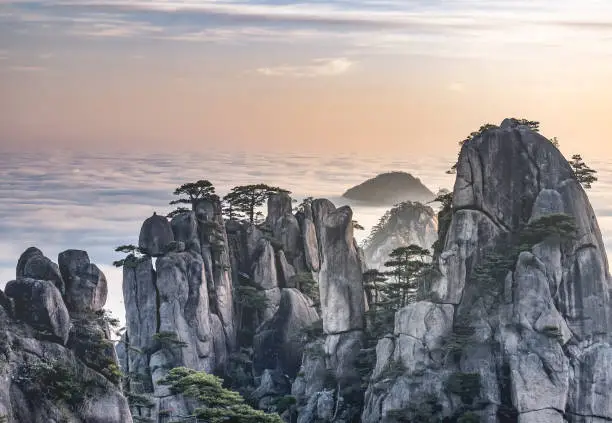 View of the clouds and the pine tree at the mountain peaks of Huangshan National park, China. Landscape of Mount Huangshan (Yellow Mountains) of the winter season. UNESCO World Heritage Site, Anhui China.