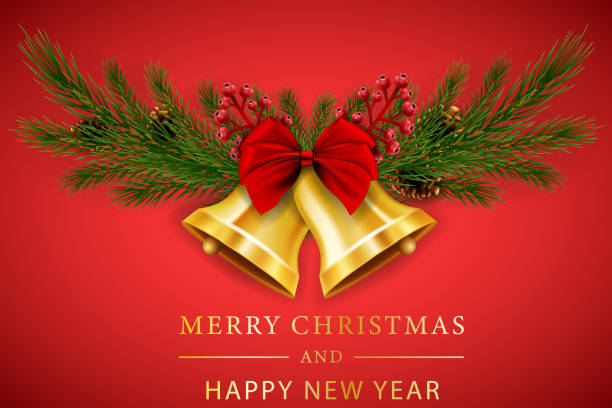 빨간 리본과 전나무 가지가있는 크리스마스 종 - bell handbell christmas holiday stock illustrations