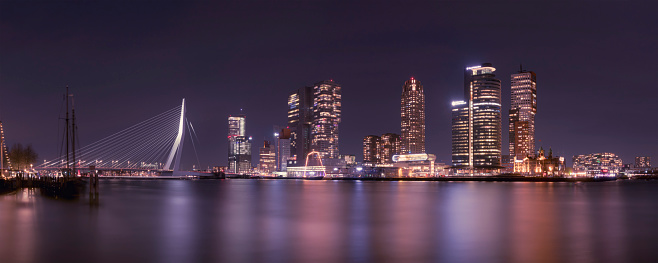 Rotterdam, The Netherlands, november 2020: city skyline at night panorama, Beautiful blurred reflections in the river Maas at nighttime, copyspace