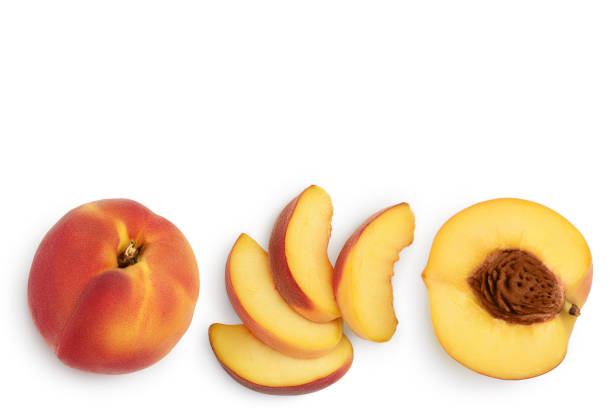 istock ripe peach isolated on white background with clipping path. Top view with copy space for your text. Flat lay pattern 1288416834