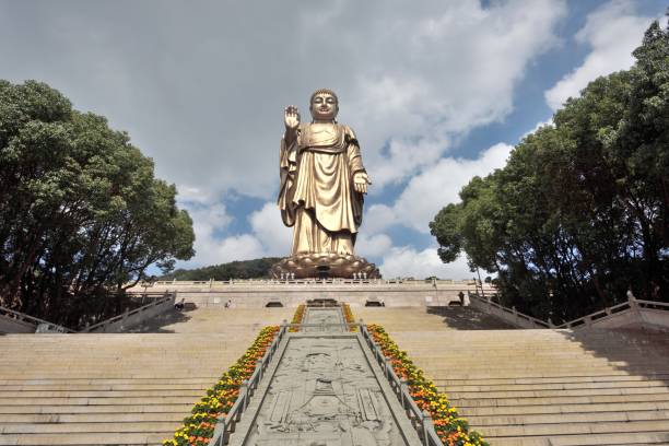 Wuxi, Jiangsu Province,China.\nGrand Buddha at Ling shan is a world famous scenic spot and a national AAAAA tourist attraction.\nIt is 88 meters high and made of 725 tons of copper.\nLingshan Giant Buddha is one of the city symbols of Wuxi, which is of great significance to social culture and economic development.\nMany tourists come here every day of the year.