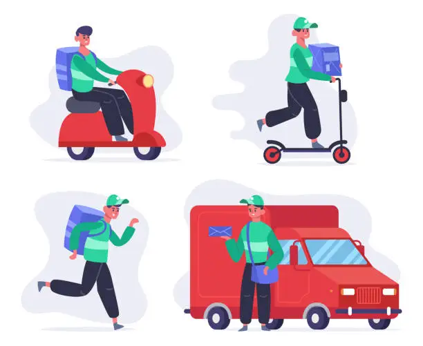 Vector illustration of Delivery service characters. Courier or postal employee on van and kick scooter, fast delivery service. Package delivery vector illustration set