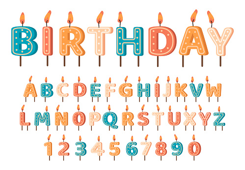 Candles birthday alphabet. Birthday candles ABC letters and numbers, cute alphabet for birthday cake. Birthday candles font vector symbols set. Decoration for cake on holiday celebration