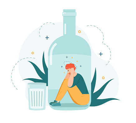 Alcohol addiction. Drunk man inside alcohol bottle, bad habit and unhealthy lifestyle, alcohol addicted frustrated person vector illustration