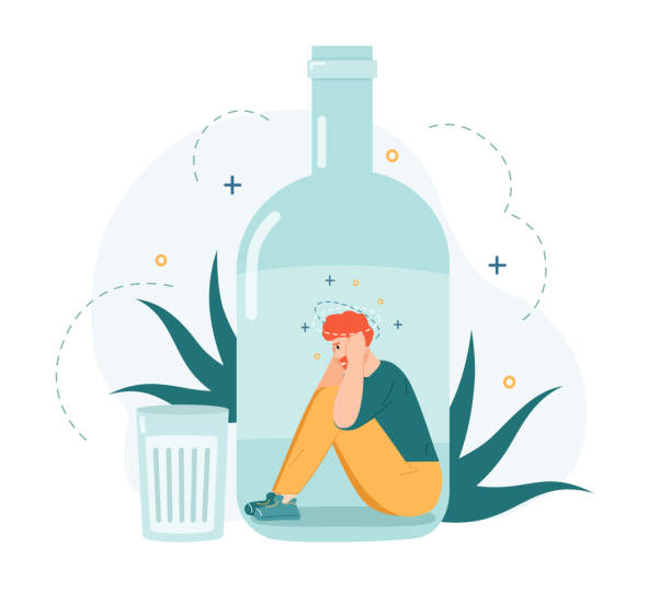 Alcohol addiction. Drunk man inside alcohol bottle, bad habit and unhealthy lifestyle, alcohol addicted frustrated person vector illustration Alcohol addiction. Drunk man inside alcohol bottle, bad habit and unhealthy lifestyle, alcohol addicted frustrated person vector illustration. Young male character having depression alcohol drink stock illustrations