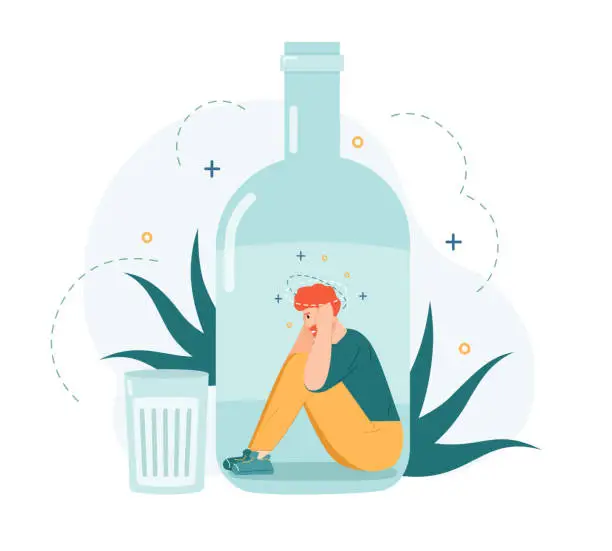 Vector illustration of Alcohol addiction. Drunk man inside alcohol bottle, bad habit and unhealthy lifestyle, alcohol addicted frustrated person vector illustration