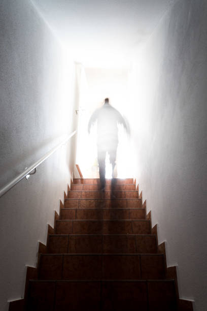 istock Man on basement stairway with railing, bright natural sunlight 1288420342