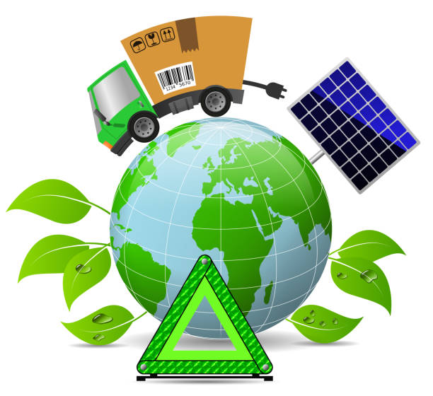 Delivery truck with cardboard box and globe Delivery truck with cardboard box and globe, concept ecology and environment triangular solar panels stock illustrations