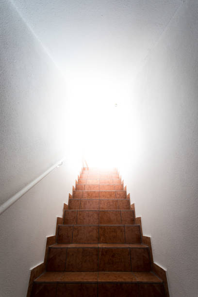 istock Basement stairway with railing, bright natural sunlight 1288420432