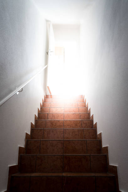 istock Basement stairway with railing, bright natural sunlight 1288420933