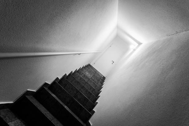 istock Basement stairway with railing. White door closed 1288420950