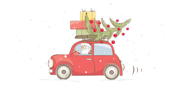 istock Santa hurries to bring gifts in red car. 1288423513