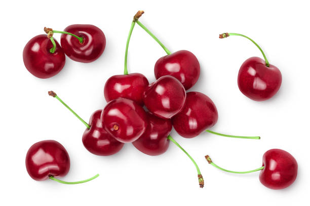 istock red sweet cherry isolated on white background with clipping path . Top view. Flat lay 1288425806