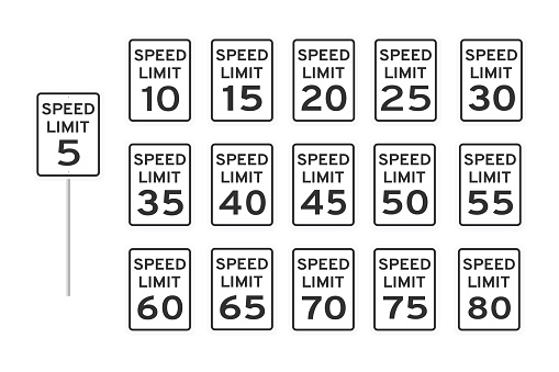 Speed limit road traffic icon signs set flat style design vector illustration isolated on white background. Vertical standard road sign with text and numbers collection.